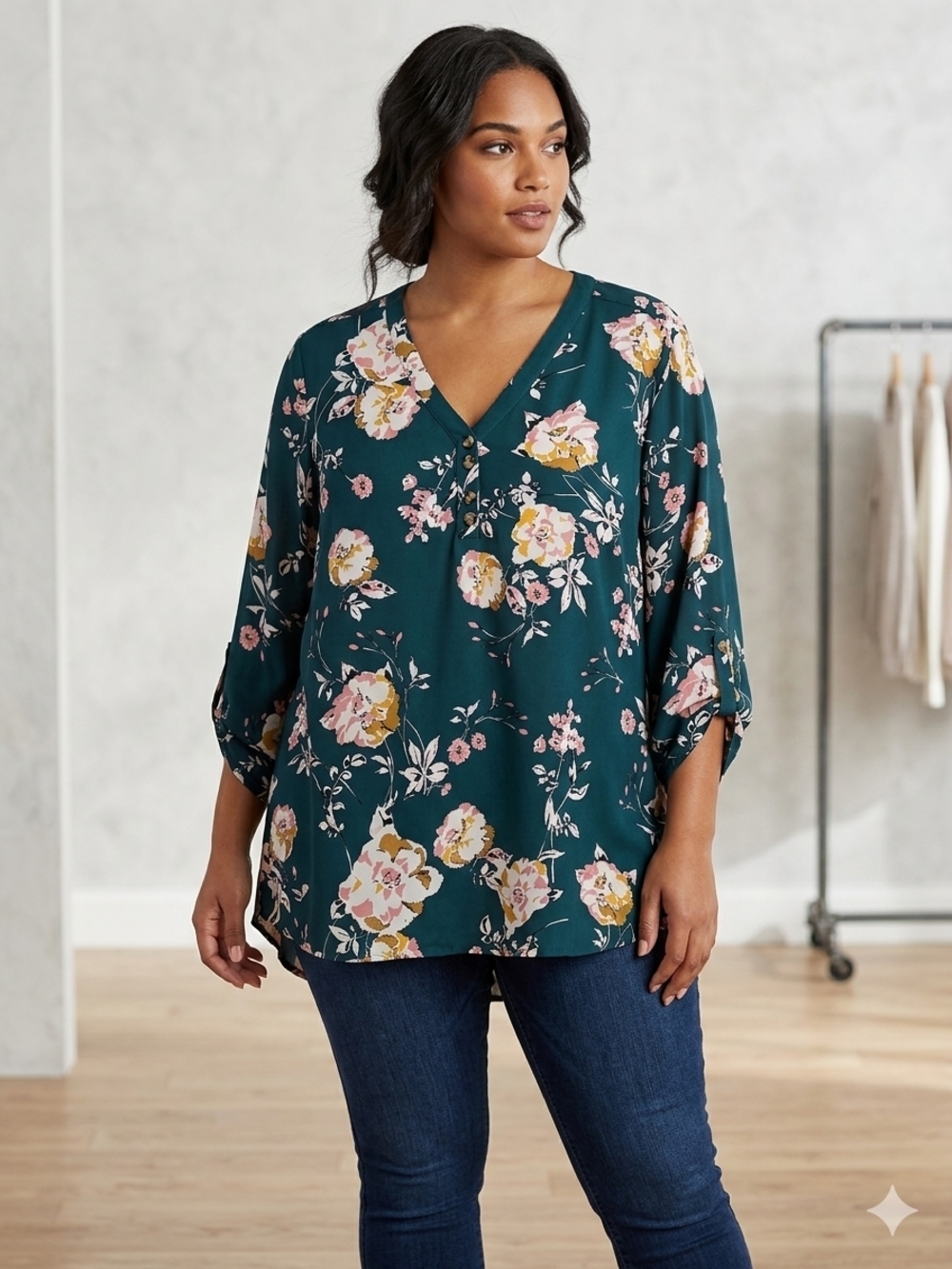 Maurices Plus Size 3 Floral V-Neck Roll Tab Sleeve Tunic Blouse Teal Pink Boho